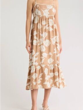 Lush Beige and White Floral Spaghetti-Strap Midi Dress